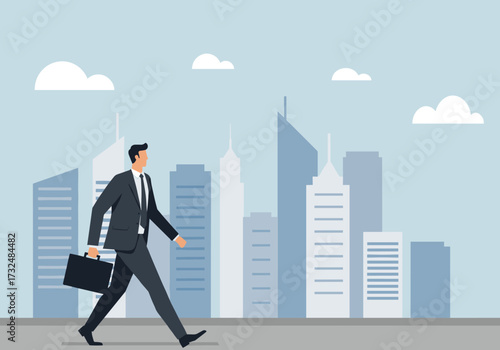 Business professional walking through cityscape urban environment modern viewpoint career progression