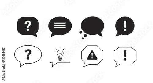 Speech bubble question answer idea solution warning alert information communication dialogue conversation message notification symbol icon vector design graphic illustration sign element ui web black 