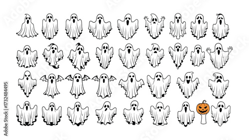 Ghostly Gathering: A spectral array of Halloween ghosts with various expressions and poses, accompanied by a carved pumpkin. A spirited scene that embodies the spirit of the holiday.