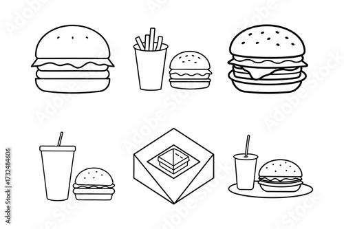  Line Art Fast Food Set Burgers, Fries, Soda, and Dessert in Takeout Box