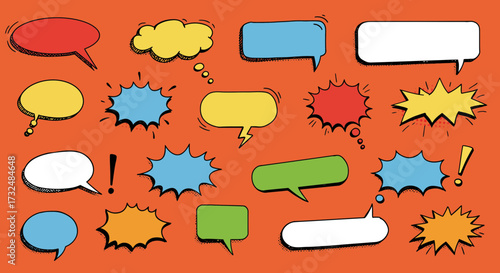 Speech bubbles comic cartoon dialogue communication message talk chat conversation text thought idea expression graphic design art illustration vector colorful retro vintage pop art style