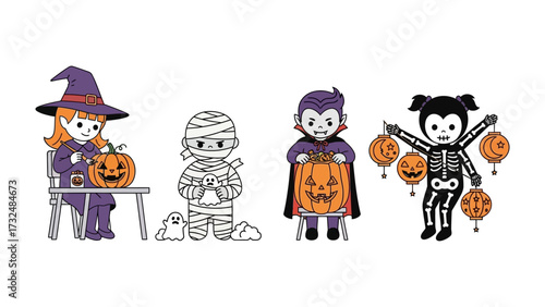 Halloween Costume Play: A quartet of adorable children are dressed in festive halloween costumes carving pumpkins. This image celebrates the spirit of halloween and autumn!