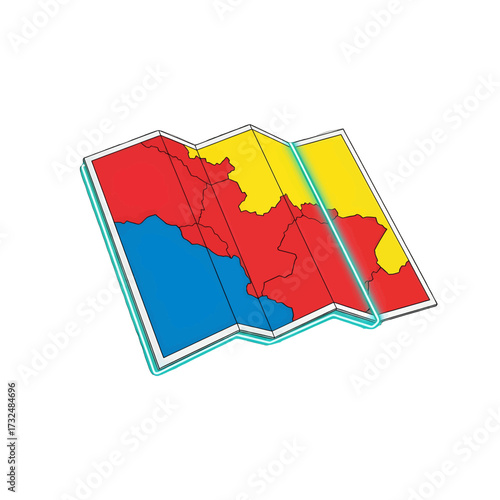 Folded map illustration with vibrant colors and detailed geographical regions.