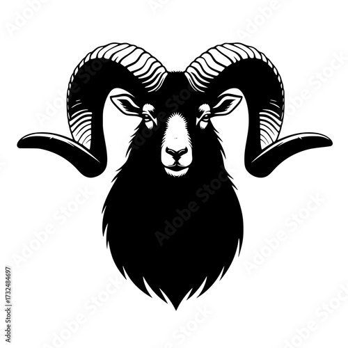 Vector art of majestic ram head illustration with curved horns, black and white design