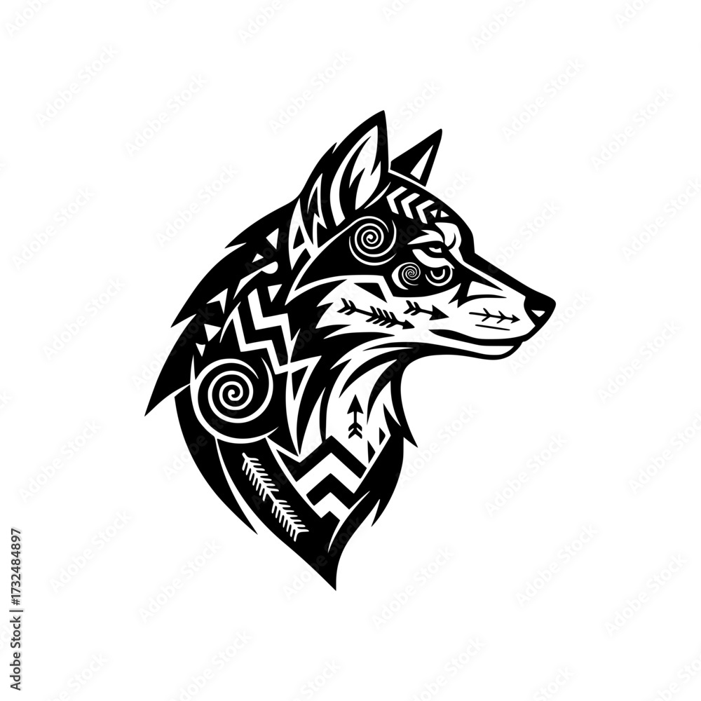 Obraz premium Vector art of tribal wolf head design with intricate patterns and bold lines