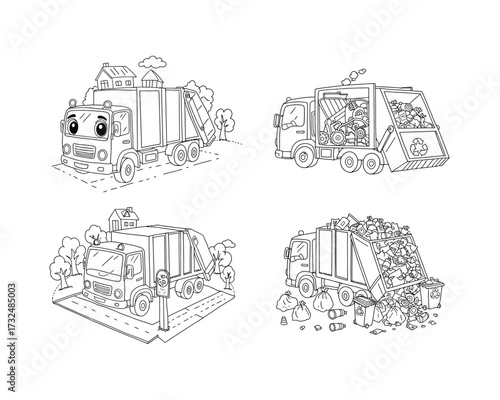 Four detailed hand drawn outline illustrations of friendly cartoon garbage trucks in various poses and scenes