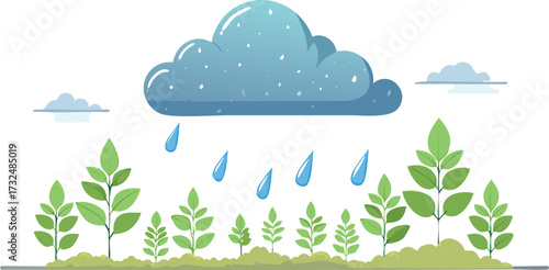 Flat Style Cloud Raining Water Over Sprouting Plant Symbolizing Growth, Sustainability, and Eco-Friendly Agriculture Concept