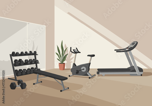 Home workout space with exercise equipment indoor gym digital minimalist design modern aesthetic