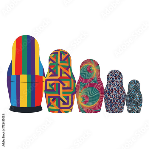 Colorful Russian nesting dolls stand in a row.