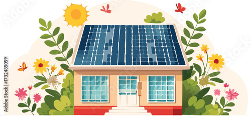 Solar Panel on a House with Flowers Around Representing Renewable Energy, Eco-Friendly Living, and Sustainable Home Design