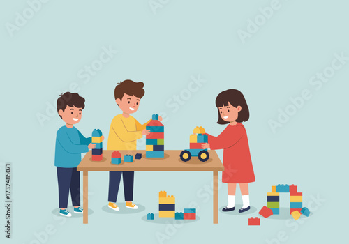 Children engaging in creative play with building blocks home indoor setting eye-level view imagination