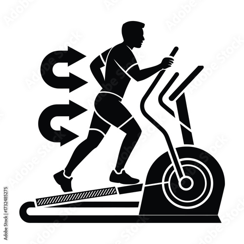 Silhouette of a man exercising on an elliptical machine with arrows