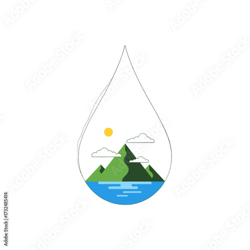 Water Drop Illustration Depicting Mountains, Sun, and Clouds.