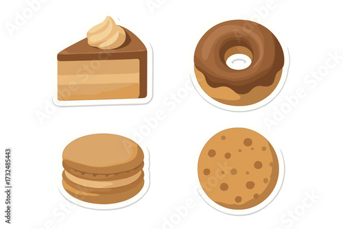 Collection of sweet baked goods including chocolate cake slice, frosted donut, macaron, and chocolate chip cookie