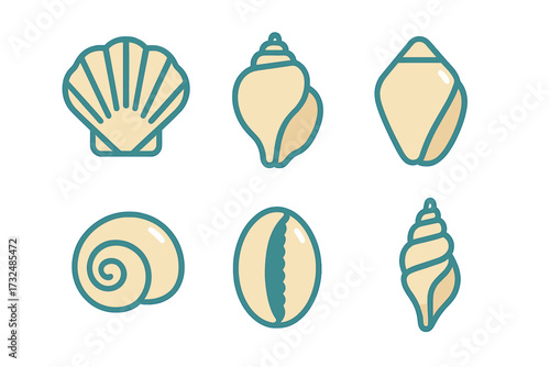 Set of stylized marine mollusk shells in various shapes and sizes with a modern graphic design aesthetic