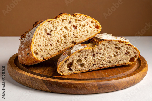 Freshly baked homemade artisan rye bread. Sliced. Close up