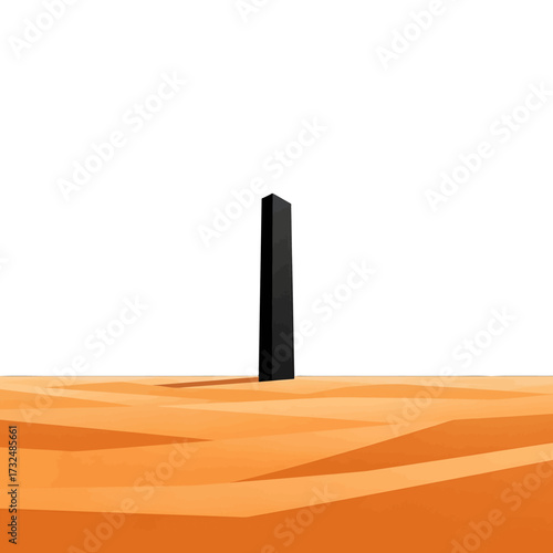 Black monolith stands tall in the desert landscape.