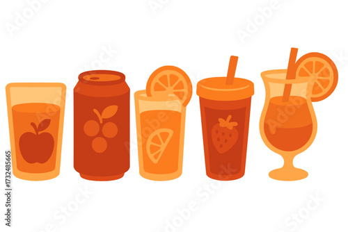 Diverse selection of refreshing fruit beverages including juice, soda, and cocktails in various containers and styles