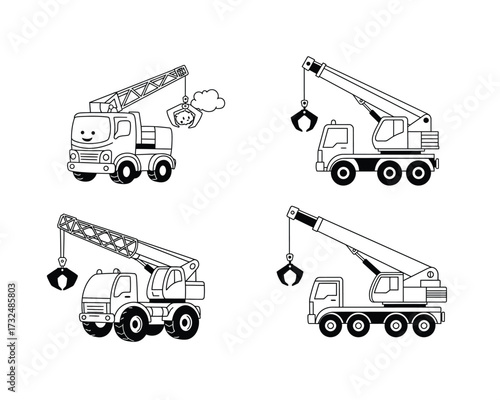 Four hand drawn outline illustrations of construction cranes on trucks with different grippers and a cute face on one
