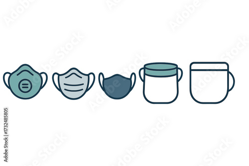 Assortment of different protective face masks and basic cups representing health, safety, and daily hygiene measures