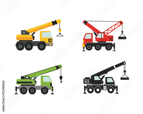 Set of four colorful construction cranes lifting loads featuring yellow red green and black silhouette mobile machinery for heavy lifting and building projects