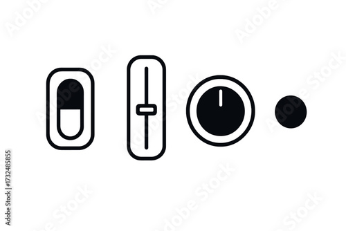 Modern user interface control elements featuring toggle switch, vertical slider, rotary dial, and simple button icons for digital design