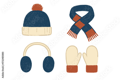 Warm winter clothing accessories set including knitted beanie hat, striped scarf, soft earmuffs, and cozy mittens