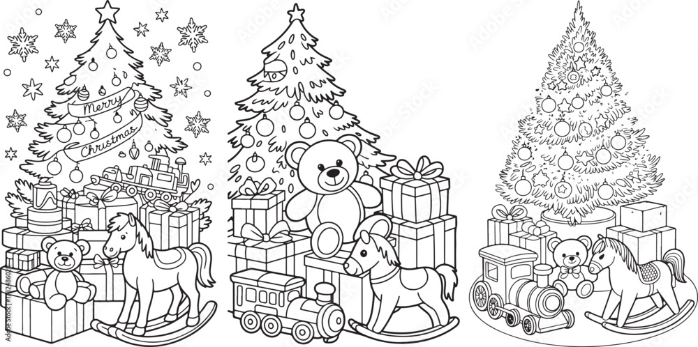 Naklejka premium Christmas trees with toys and gifts teddy bears rocking horses