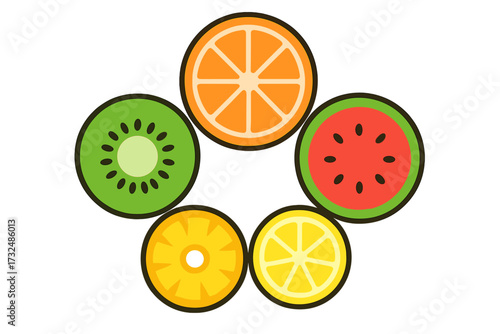 Colorful collection of fresh fruit slices including orange, kiwi, watermelon, pineapple, and lemon arranged in a decorative pattern
