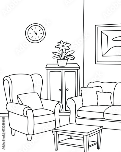 Scalable vector illustration of a cozy living room with furniture and decor elements silhouette vector illustration white background