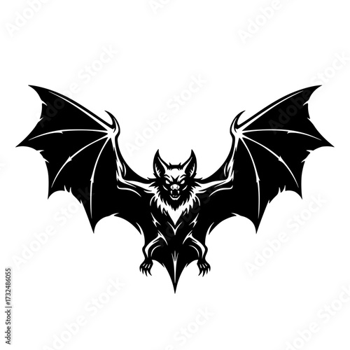 Vector art of black silhouette of bat with spread wings and sharp claws, gothic and halloweenthemed design