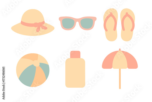 Summer vacation essentials collection with hat, sunglasses, flip-flops, beach ball, sunscreen, and umbrella