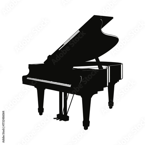Elegant black grand piano silhouette isolated on white background