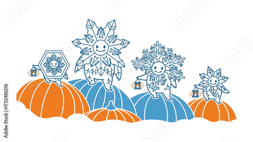 Festive Illustration of Botanical Lantern Carriers: A whimsical illustration features friendly, sun-like characters with floral headdresses and lanterns.