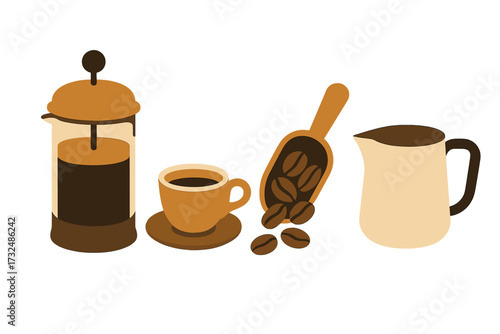 Coffee brewing essentials including French press, cup, coffee beans, and creamer pitcher for morning beverage preparation