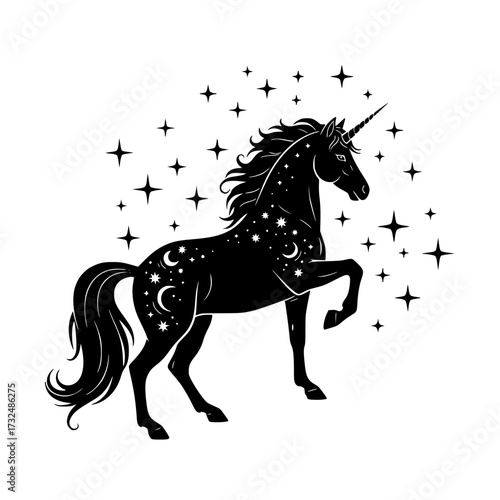 Vector art of mystical black unicorn silhouette with stars and celestial elements