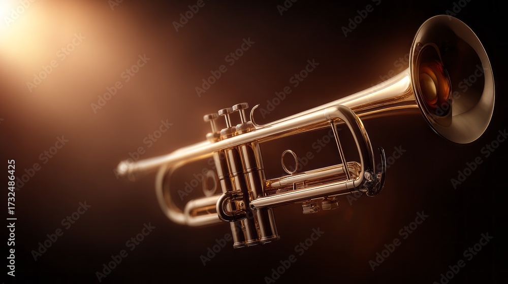 Obraz premium A shiny brass trumpet is suspended in the air, with a spotlight shining on it