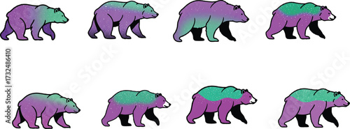 Purple green galaxy bears walking vector