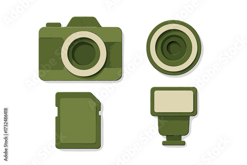 Layered paper cut style photography equipment icons with camera, lens, memory card, and flash