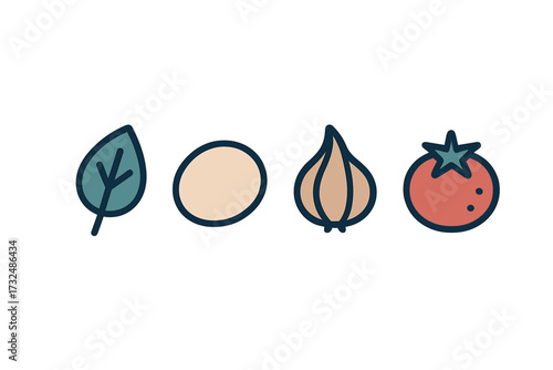 Collection of fresh food ingredients including a green leaf, an egg, garlic, and a red tomato in a simple graphic style