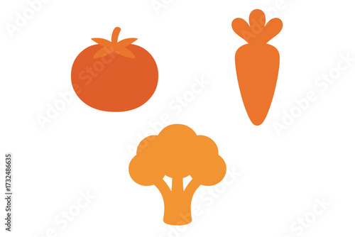 Vibrant orange tomato, carrot, and broccoli vegetables arranged on a clean white background for healthy food concepts