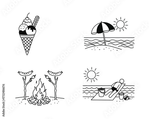 Whimsical hand drawn summer icons featuring ice cream cone beach scene campfire and sunbathing person