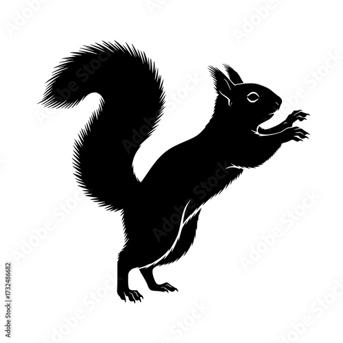 Vector art of black silhouette of a squirrel standing upright with bushy tail