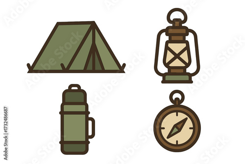 Essential outdoor camping gear set with tent, classic lantern, insulated thermos, and reliable compass for wilderness adventures