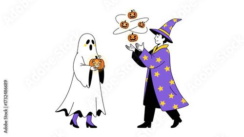 Whimsical Halloween Scene: A spectral ghost and a wizard engage in playful camaraderie, with floating pumpkin, embracing the enchantment of Halloween with a dash of magic.