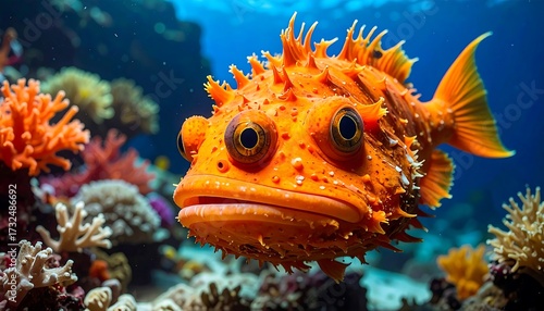Fototapeta Naklejka Na Ścianę i Meble -  Close-up of an orange fish with spiky texture in a vibrant coral reef