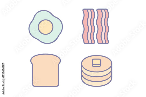 Assortment of classic breakfast food items featuring fried egg, crispy bacon, toast, and fluffy pancakes