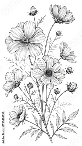 Wallpaper Mural Elegant black and white illustration of a bouquet of cosmos flowers, detailed and artistic. Torontodigital.ca