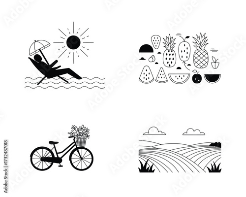 Collection of four simple black and white line art illustrations depicting summer vacation activities and rural scenery