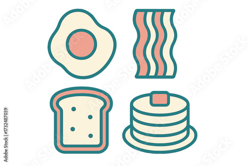 Collection of classic breakfast food items including fried egg, crispy bacon, toast, and pancakes with butter